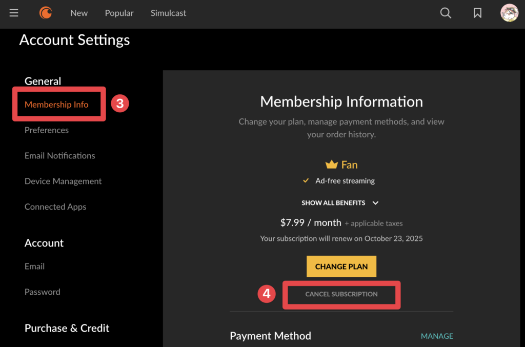 Crunchyrollのアカウント設定画面で、「Membership Info（メンバーシップ情報）」セクション内の「CANCEL SUBSCRIPTION（サブスクリプションを解約）」ボタンが赤枠で示されているスクリーンショット。