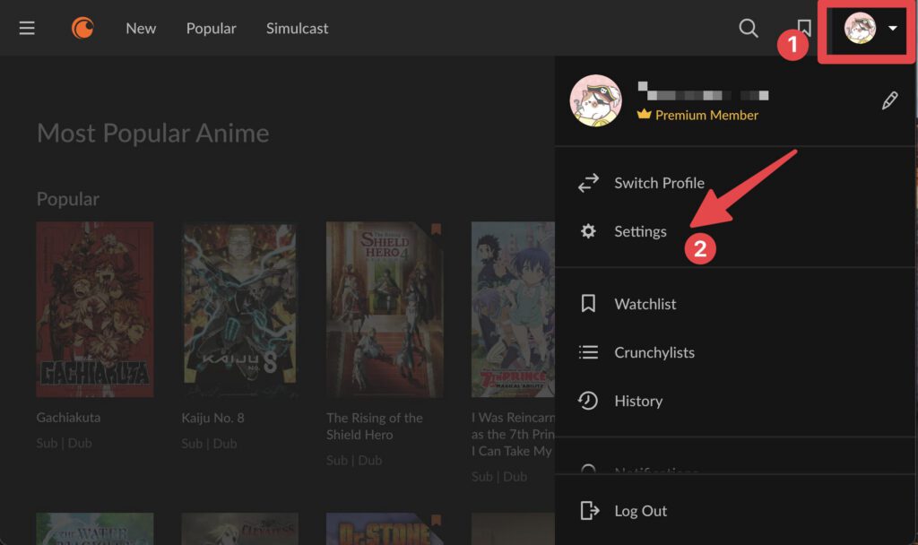 Crunchyrollのトップ画面でプロフィールアイコンをクリックし、「Settings（設定）」メニュー項目を赤い矢印で示しているスクリーンショット。
