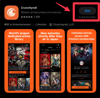 海外AppleアカウントでApp Storeを開き、Crunchyrollアプリの「Get（入手）」ボタンが表示されている画面。ダウンロード開始位置が赤枠で強調されている。