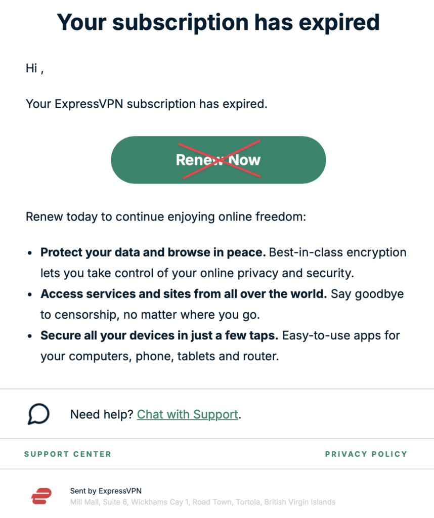 「ExpressVPNの契約が失効したことを通知するメールのスクリーンショット」