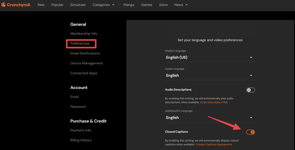 CrunchyrollのPreferences画面で英語学習向けにEnglish CC字幕を有効化する手順