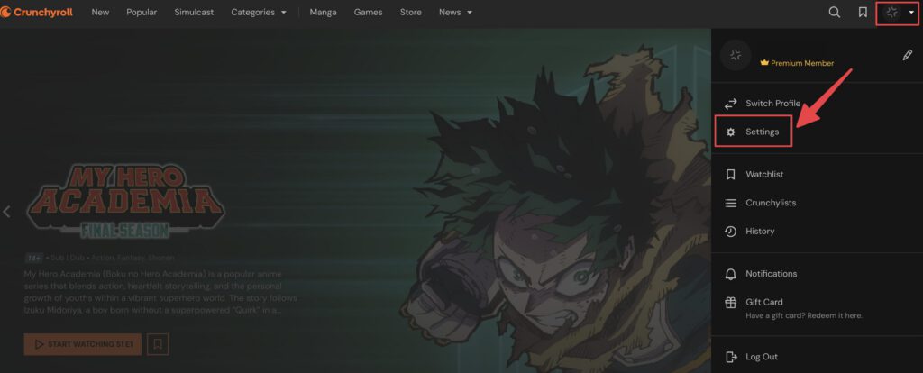 Crunchyrollのブラウザ画面でプロフィールメニューからSettingsを開く手順