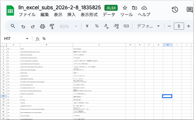Netflixの字幕をGoogleスプレッドシートに書き出した一覧画面の全体像