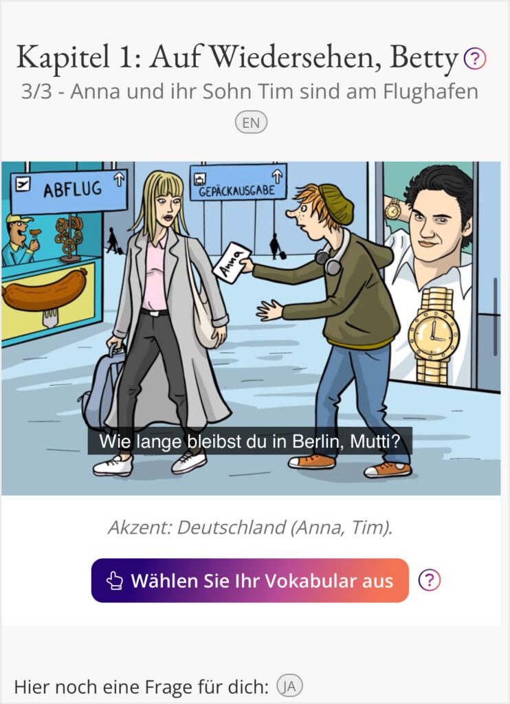 gymglishのストーリー形式レッスン画面。イラストと音声で文脈から外国語を学べる学習方法